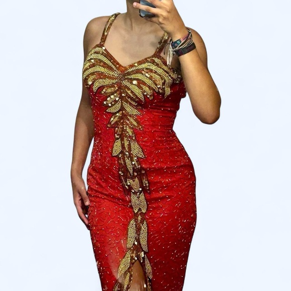 Dresses & Skirts - Red & Gold Beaded Prom Dress!